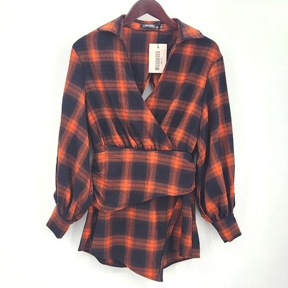 Missguided Petites Wrap Playsuit Size 2 Women Orange Black Plaid Brushed Flannel - Picture 1 of 11